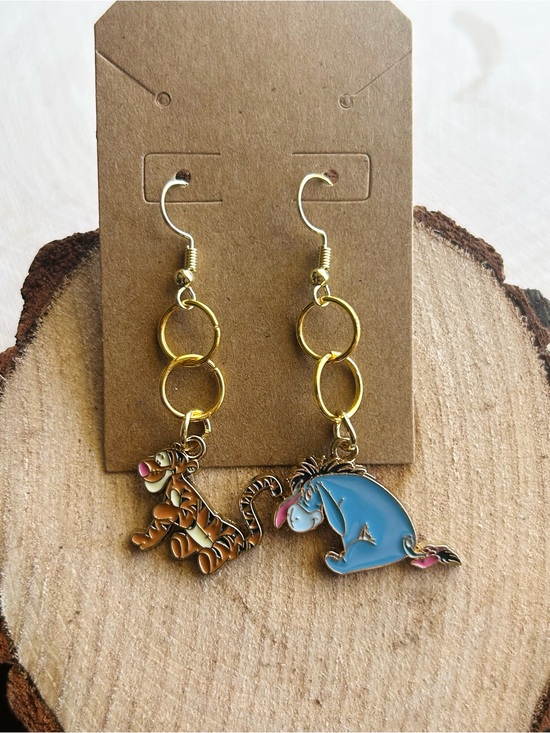 Handmade Jewelry - Disney Winnie the Pooh Tigger & Eeyore Handmade Dangle Earrings Gold Tone
